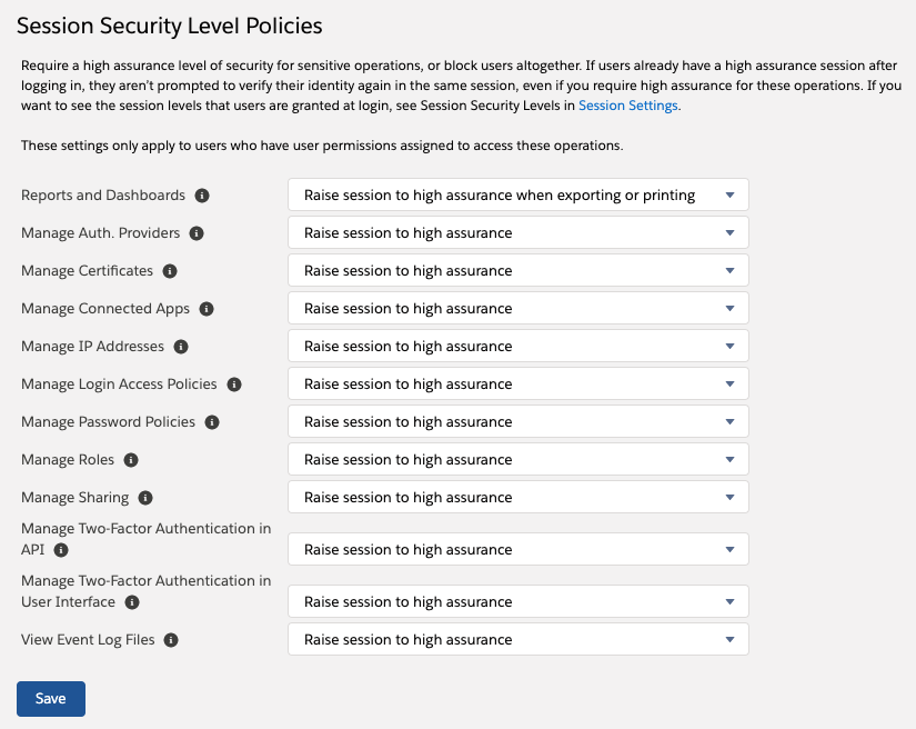 Session settings high assurance