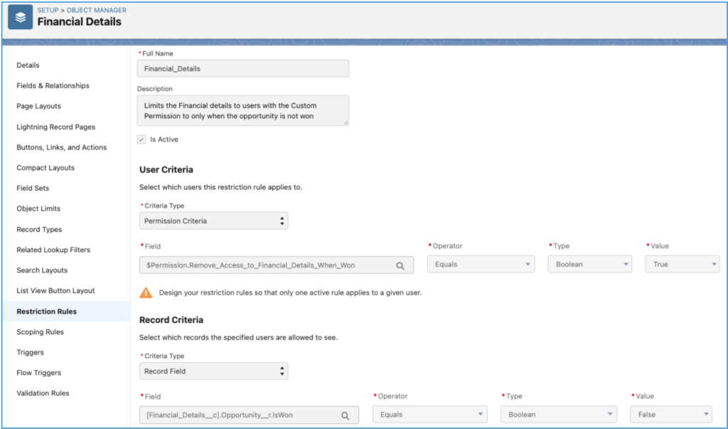 configuring a restriction rule in Salesforce