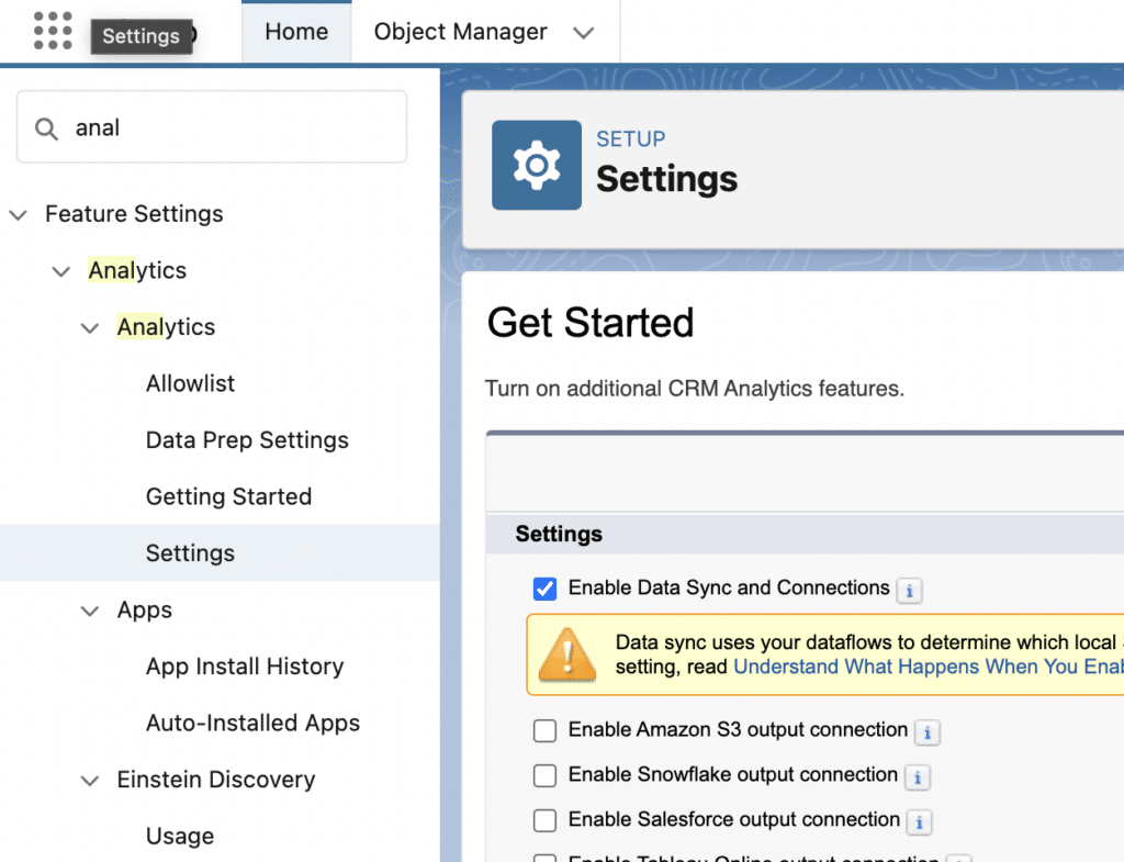 Getting Started in CRM Analytics - Settings screen