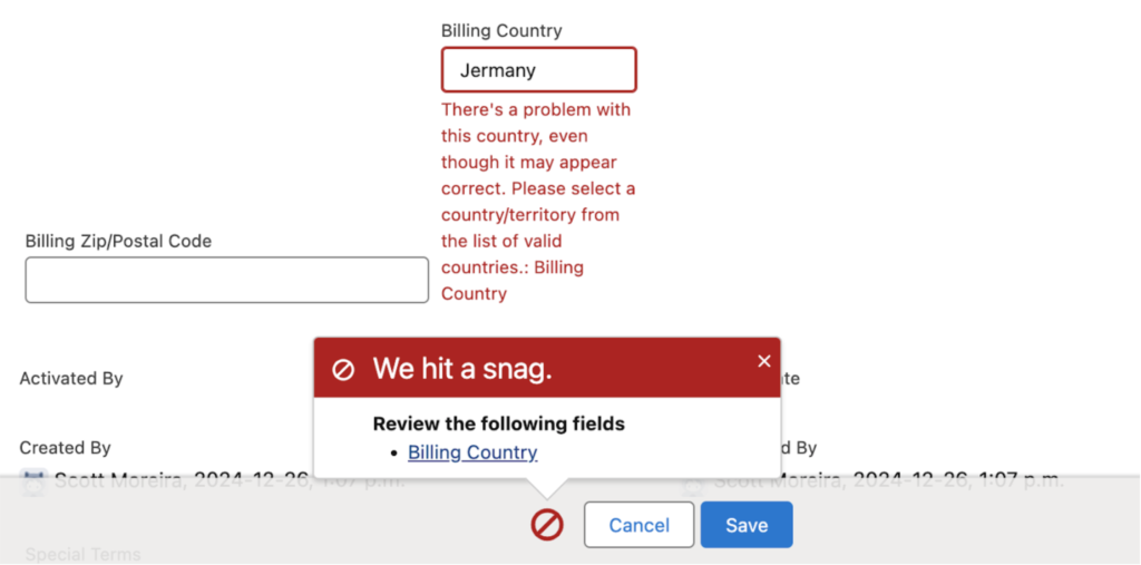 Country Picklist Configuration Error