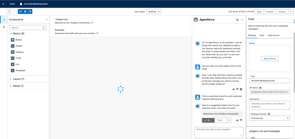 Screenshot of the Co-Create with Einstein email builder, displaying an AI-generated subject line suggestion via AgentForce on the left, with email components listed above. On the top write, setting properties are visible, including style and data source options. Screen is white with black and blue writing and highlights.