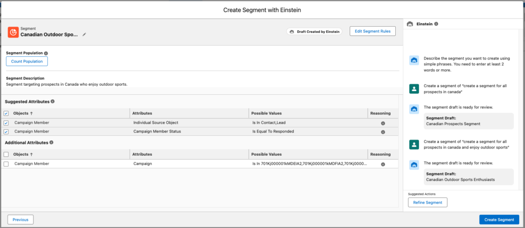 Screenshot of the "Create Segment with Einstein' page, showing segment details and suggested attributes to include or exclude. On the far right, an AI chat with Einstein assists in building the segment.