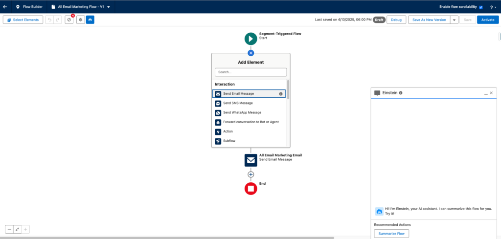 Screenshot of a page with central search bar labeled add element and a selection of content elements below. An open Einstein bot chat appears in the bottom right corner, while a blue "Active" button is visible in the top right corner.