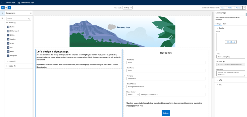 Screenshot of the demo landing page editor featuring a large animated image of mountains and trees with 'Company Logo" at the centre. The page includes the title "let's design a signup page" and toolbars on. both sides of the customizing landing page layout and content.
