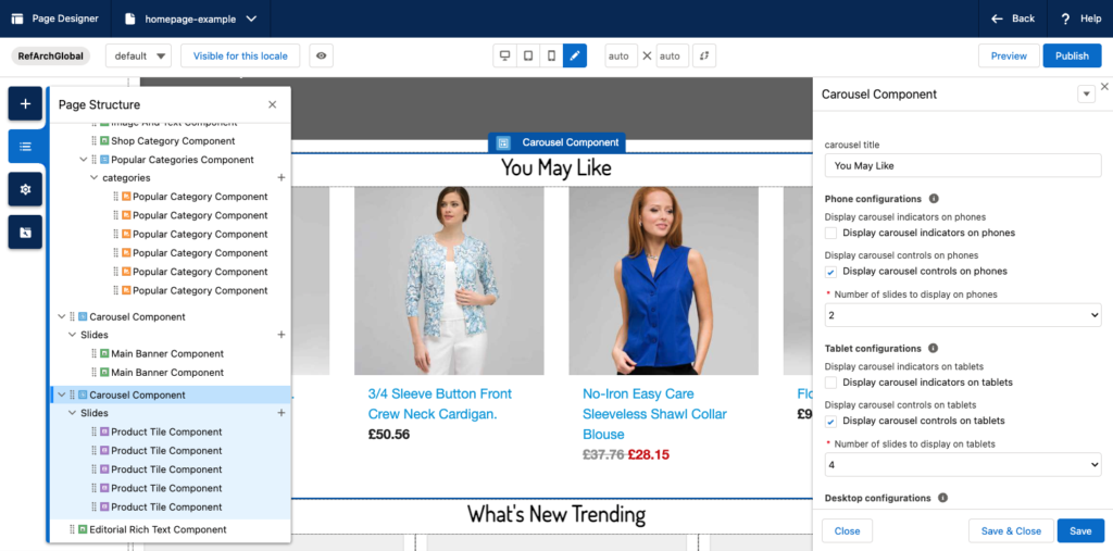 "Screenshot of Page Designer using a 'Shop the Look example, highlighting the Page Structure drop-down component within the editor interface."