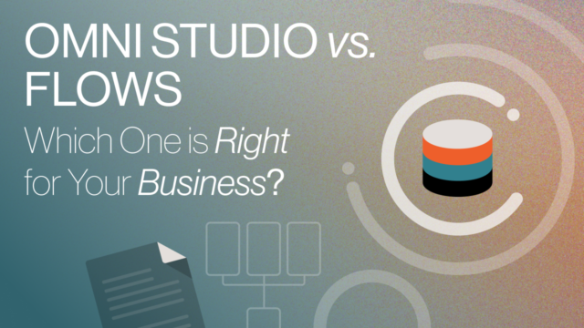 Image with a blue-green-orange gradient background with the title written in white. "OmniStudio vs. Flows"