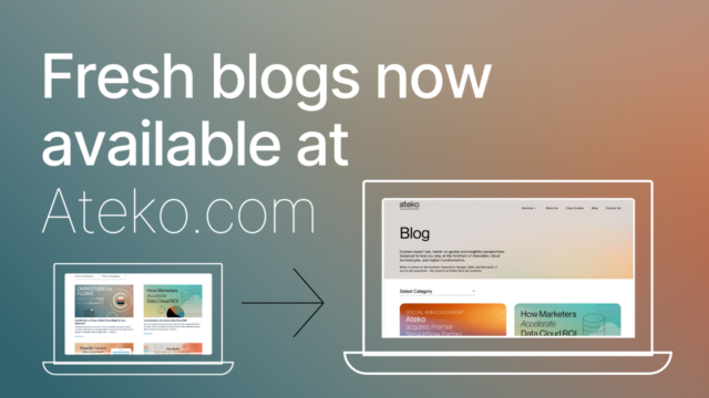 Title image of "Fresh blogs now available at Ateko." images of laptops with screenshots of blog websites.